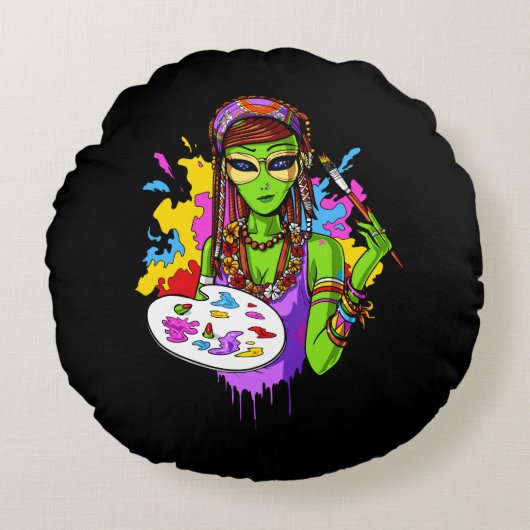 Space Alien Hippie Painting Artist Rundes Kissen (Vorderseite)
