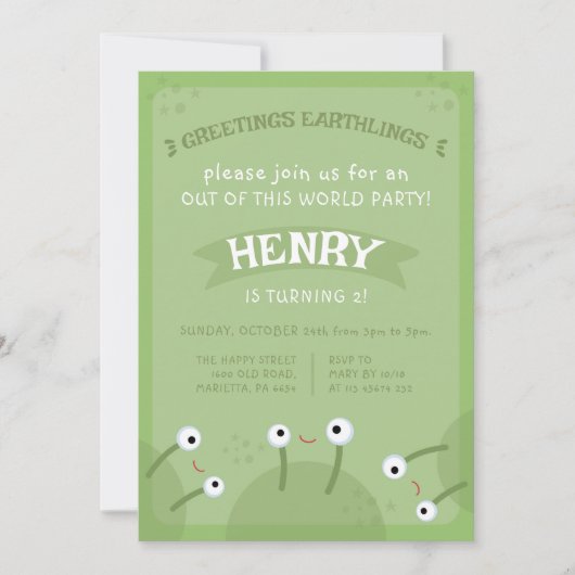 Space Alien Invitation for Birthday Party UFO Einladung (Vorderseite)