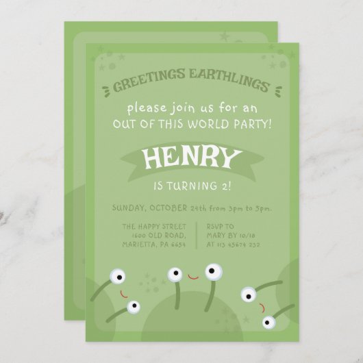 Space Alien Invitation for Birthday Party UFO Einladung (Vorne/Hinten)
