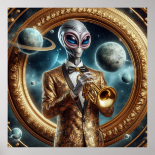 Space Alien Male Playing Trumpet Extravagant Jacke Poster