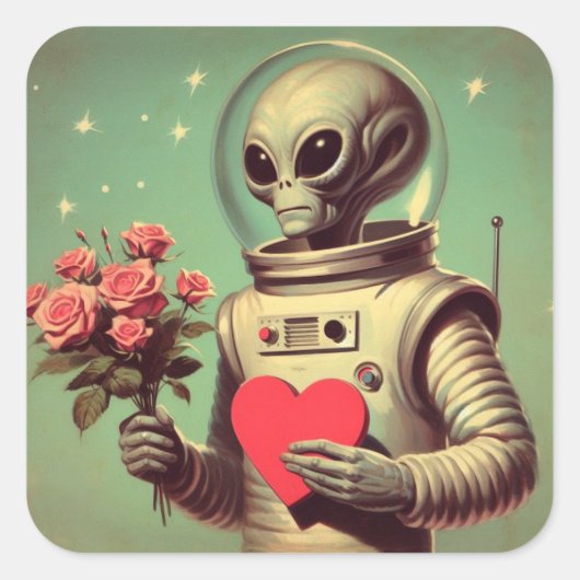 Space Alien Valentine Sci Fi Romantic Valentine Quadratischer Aufkleber (Vorderseite)