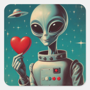 Space Alien Valentine Sci Fi Romantic Valentine Quadratischer Aufkleber
