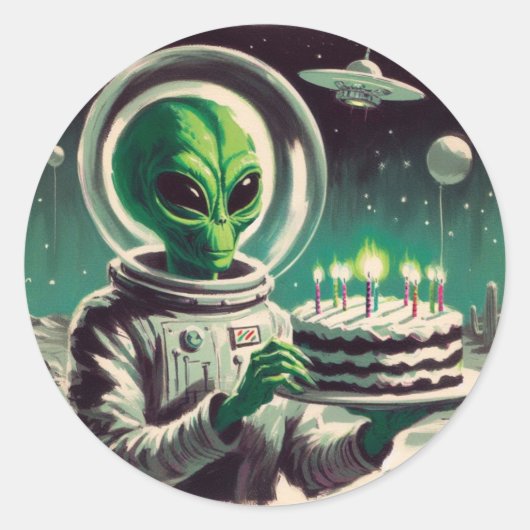 Space Alien with Birthday Cake UFO Flying Saucer Runder Aufkleber (Vorderseite)