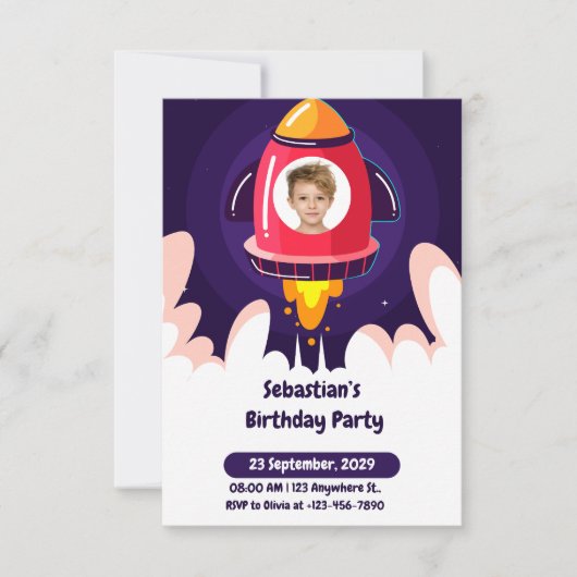 Space and Spaceship Photo Kids Birthday Invitation Einladung (Vorderseite)
