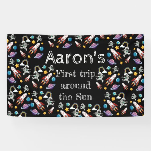 Space Astronaut Black First Birthday Party Banner (Horizontal)