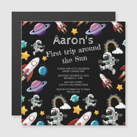 Space Astronaut Black First Birthday Party Magneteinladung (Vorne/Hinten)