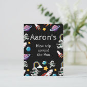 Space Astronaut Black First Birthday Party Postkarte (Stehend Vorderseite)