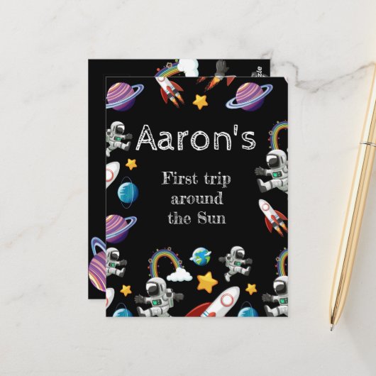 Space Astronaut Black First Birthday Party Postkarte (Vorderseite/Rückseite Beispiel)