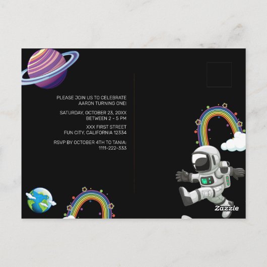 Space Astronaut Black First Birthday Party Postkarte (Rückseite)