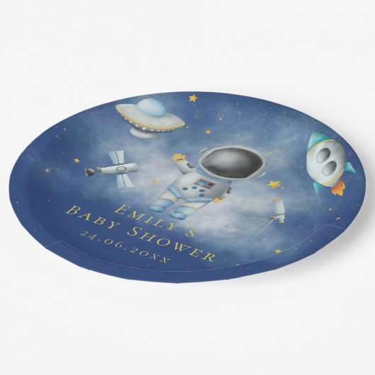 Space Astronaut Boy Raketen ufo stars Baby Dusche Pappteller (Schrägansicht)