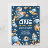 Space Astronaut Cat Blast Off Cosmic 1st Birthday Einladung (Vorderseite)