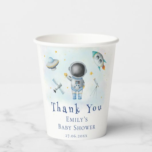 Space Baby Astronaut Boy Raketen Stars Baby Dusche Pappbecher (Rückseite)