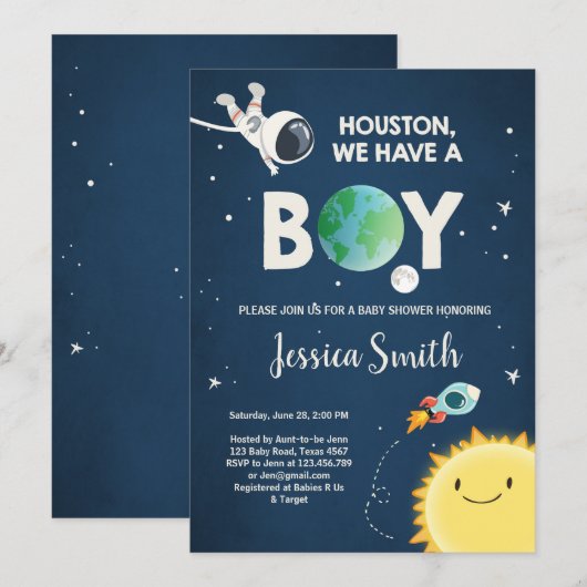 Space Baby Dusche Einladung Boy Astronaut Rocket (Vorne/Hinten)