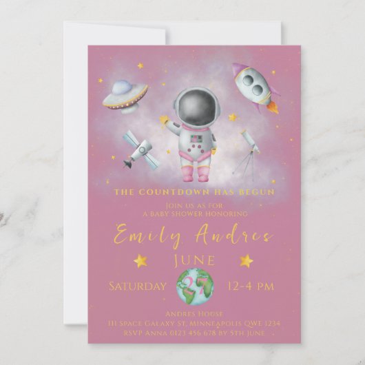Space Baby Duwer Mädchen Astronaut Raketenstar Par Einladung (Vorderseite)