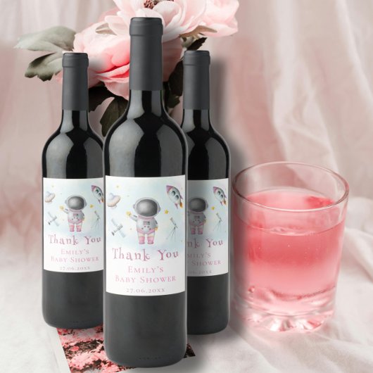 Space baby Girl Astronaut rocket stars Kinderdusch Weinetikett