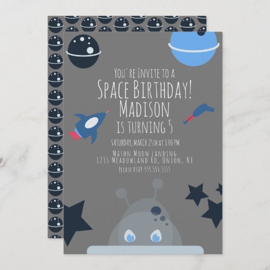 Space Birthday Alien Themed Blue Gray Einladung (Vorne/Hinten)