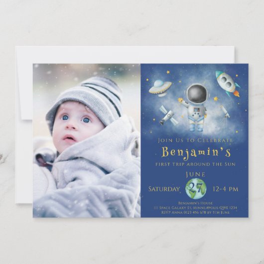 Space Birthday Astronaut Bocket Stars Party in Einladung (Vorderseite)