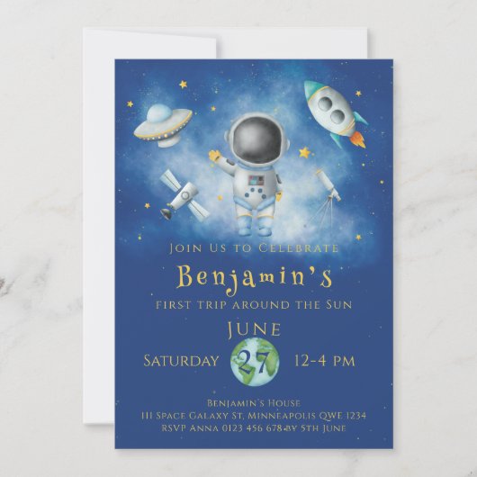 Space Birthday Astronaut Bockets Starts Party I Einladung (Vorderseite)