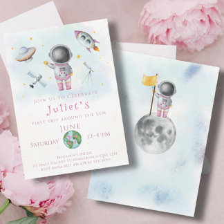 Space Birthday Girl Astronaut Raketen Sterne Party Einladung