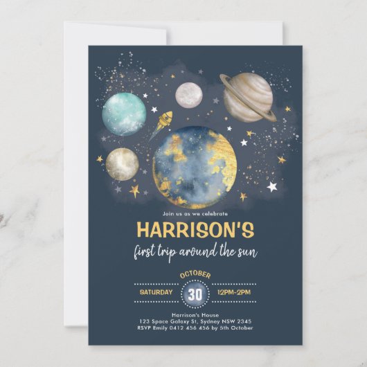 Space Birthday Moon Stars Planets Galaxy Junge Par Einladung (Vorderseite)