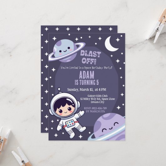 Space Birthday Party Invitation | Galaxy Astronaut Einladung (Vorderseite/Rückseite Beispiel)