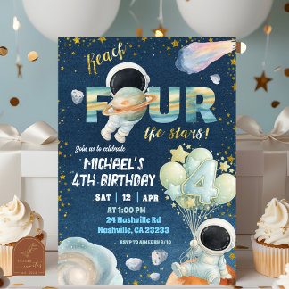 Space Boy reach FOUR the stars 4th Birthday Invita Einladung