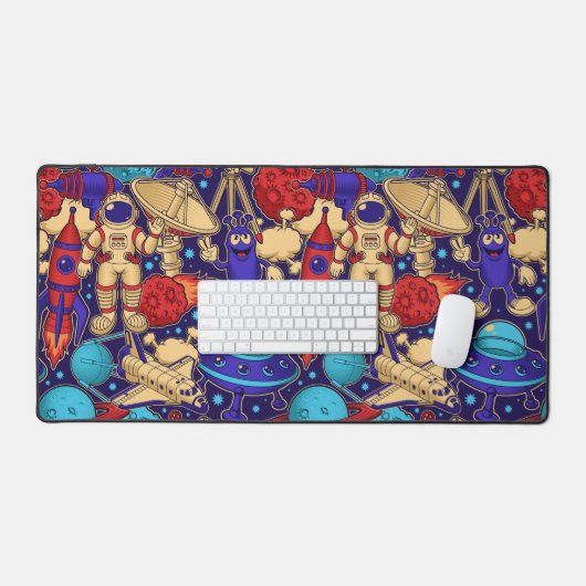 Space Cartoon Astronaut Alien Shuttle Rocket Moon Schreibtischunterlage (Tastatur & Maus)