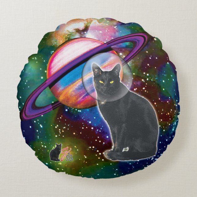Space Cat Cosmo Rundes Kissen (Vorderseite)