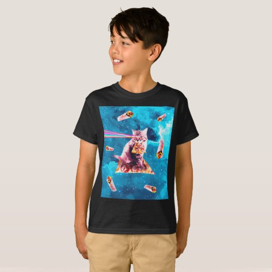 Space Cat Eating Pizza - Rainbow Laser Eyes, Burri T-Shirt (Vorne ganz)
