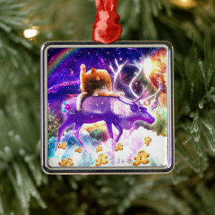 Space cat licking itself ornament aus metall