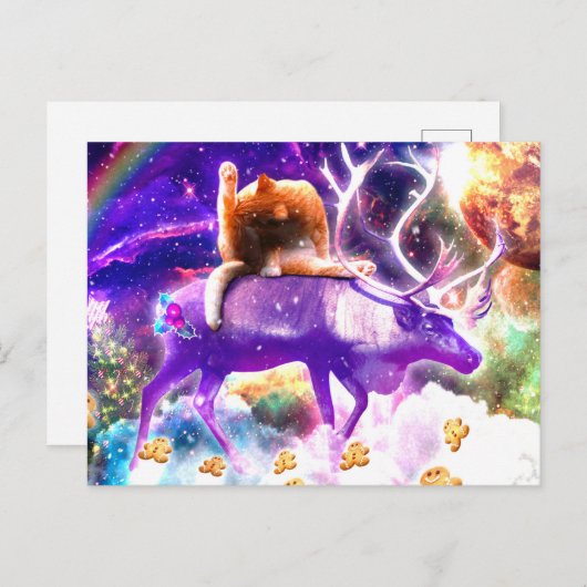 Space cat licking itself postkarte (Vorne/Hinten)