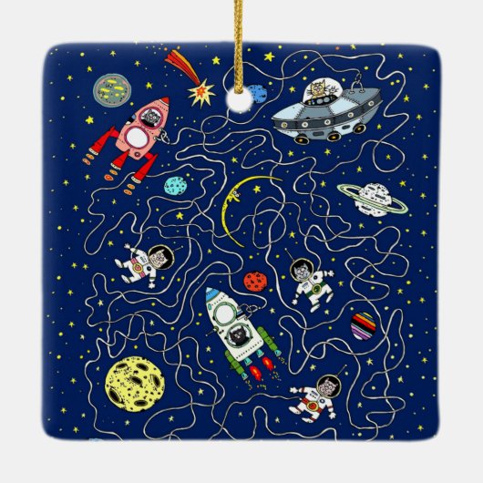 Space Cat Maze Game für Kinder Keramikornament (Rückseite)