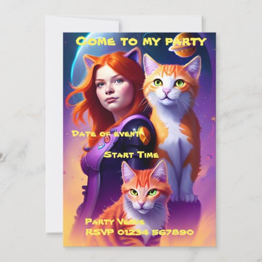 Space Cat Party Einladung (Vorderseite)