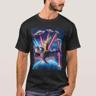 Space Cat Riding Shark Laser Augen UFO Funny Kitty T-Shirt