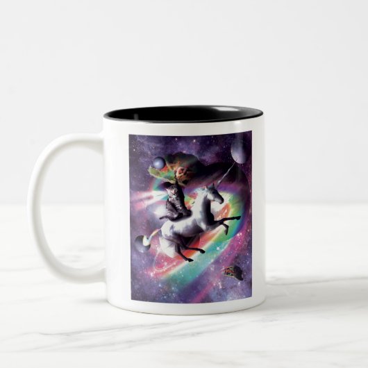 Space Cat Riding Unicorn - Laser, Tacos, Regenboge Zweifarbige Tasse (Links)