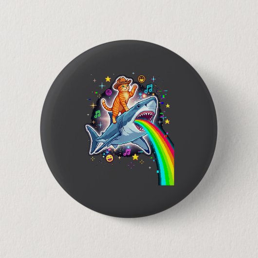 Space Cowboy Cat Riding Shark Rainbow Xel Art Button (Vorderseite)
