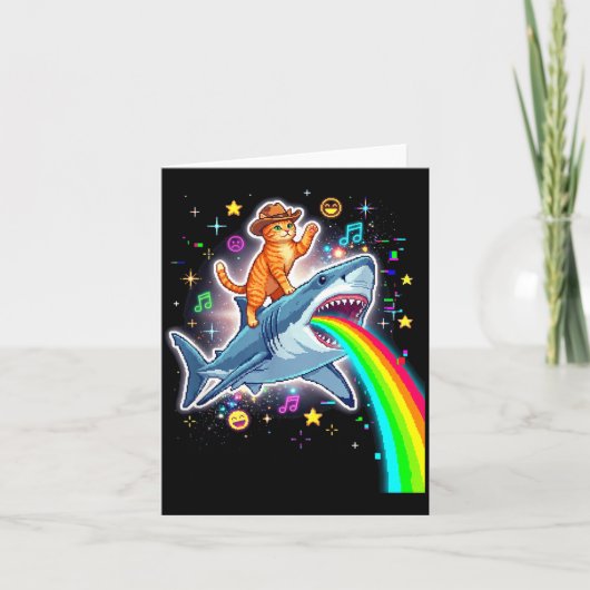 Space Cowboy Cat Riding Shark Rainbow Xel Art  Karte (Vorderseite)