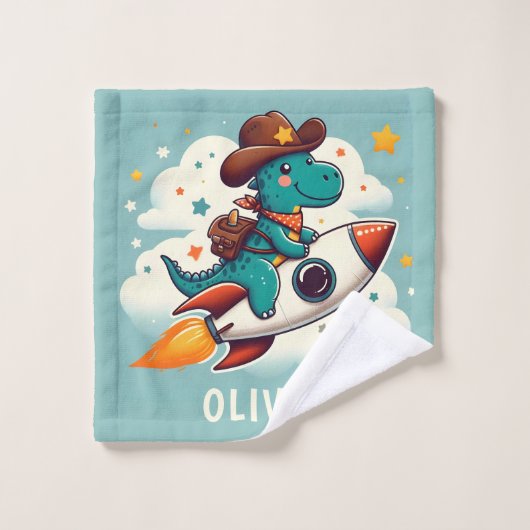 Space Cowboy Dino Trex Reitrocket Personalisiert Waschlappen (Waschlappen)