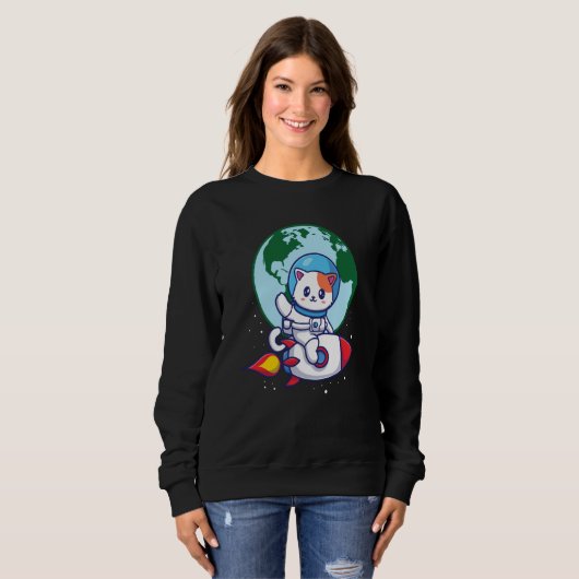 Space Cute Cat Outerspace Rocket Earth Sweatshirt (Vorne ganz)
