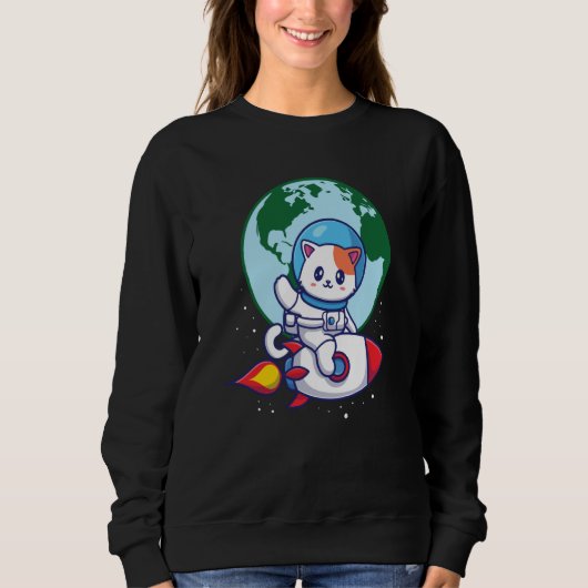 Space Cute Cat Outerspace Rocket Earth Sweatshirt (Vorderseite)
