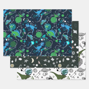 Space Dinos Wrapping Flat Sheet Set 3 Geschenkpapier Set