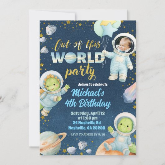 Space Dinosaur Birthday Invitation with photo Einladung (Vorderseite)