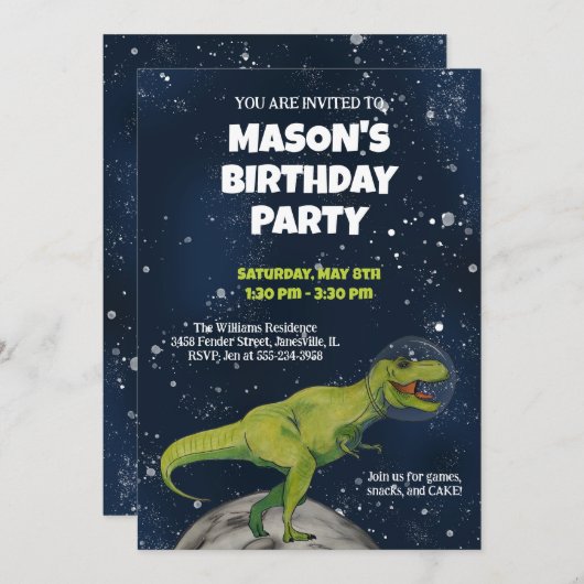 Space Dinosaur T-rex Geburtstagsparty Einladung (Vorne/Hinten)