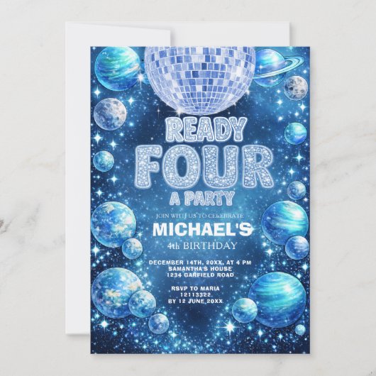 Space Disco 4th Birthday READY FOUR A PARTY Einladung (Vorderseite)