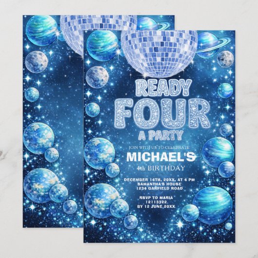 Space Disco 4th Birthday READY FOUR A PARTY Einladung (Vorne/Hinten)
