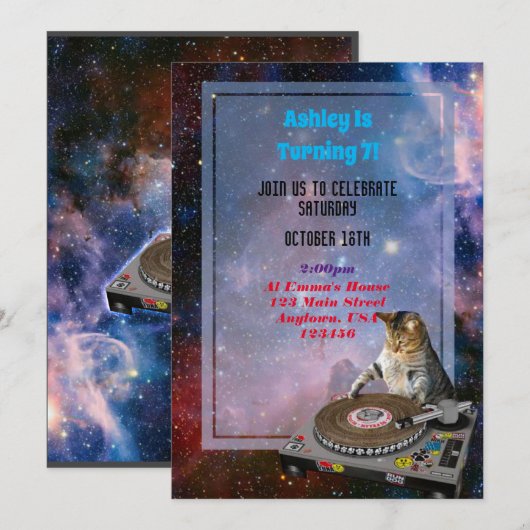 Space Dj Cat Funny Einladung (Vorne/Hinten)