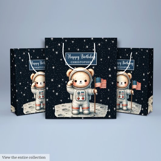 Space Explorer Bear Geschenktasche für Junge Gebur Mittlere Geschenktüte