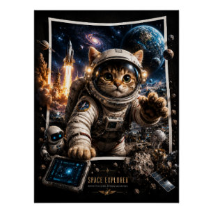 Space Explorer Cat 3D Pop-Up Poster glänzend