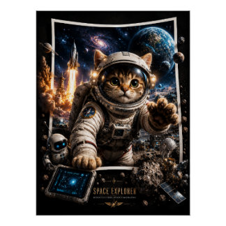 Space Explorer Cat 3D Pop-Up Poster glänzend