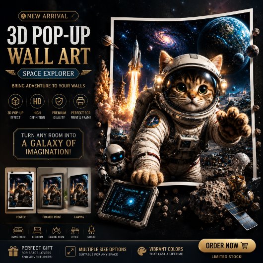 Space Explorer Cat 3D Pop-Up-Wandkunstposter Poster